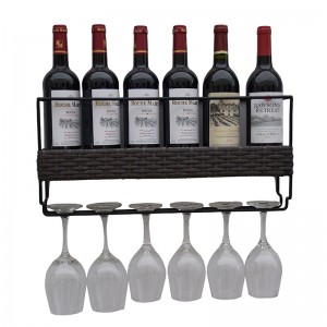 Wall Mounted 6 Wine Rack with 6 Wine Glass Holder Metal & Wicker Woven