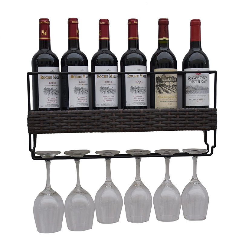 Tall Plant Stand Indoor Wall Mounted 6 Wine Rack with 6 Wine Glass Holder Metal & Wicker Woven – DECOR detail pictures