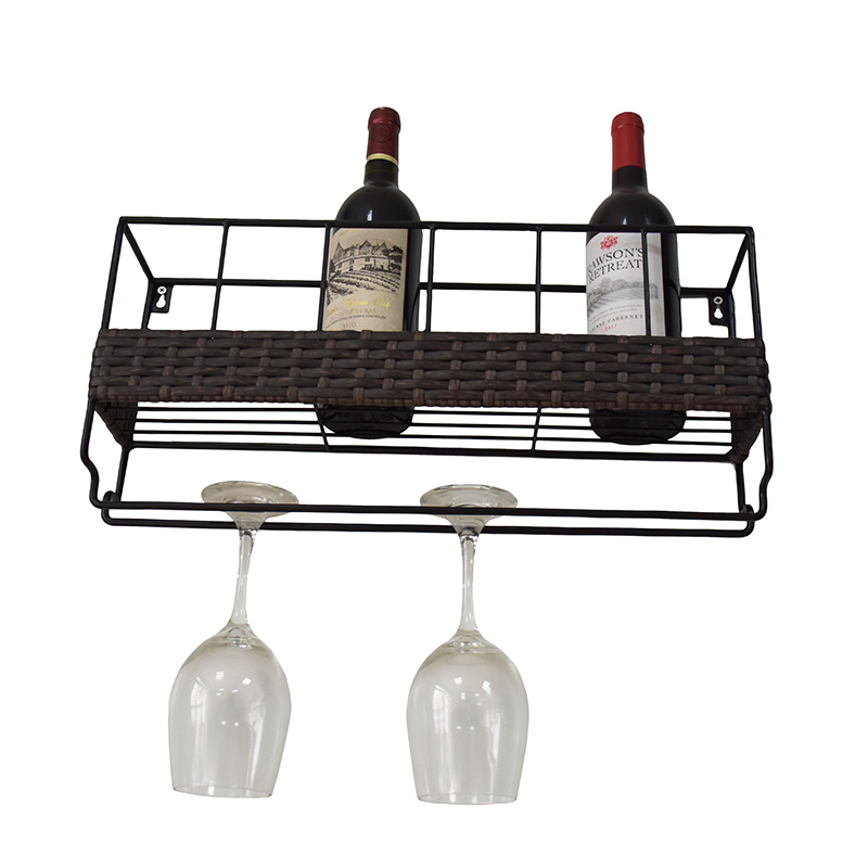 Tall Plant Stand Indoor Wall Mounted 6 Wine Rack with 6 Wine Glass Holder Metal & Wicker Woven – DECOR detail pictures