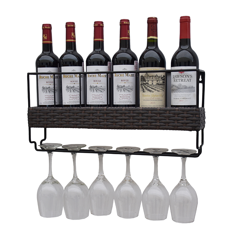 Tall Plant Stand Indoor Wall Mounted 6 Wine Rack with 6 Wine Glass Holder Metal & Wicker Woven – DECOR detail pictures