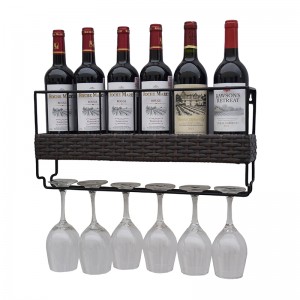 Wall Mounted 6 Wine Rack with 6 Wine Glass Holder Metal & Wicker Woven