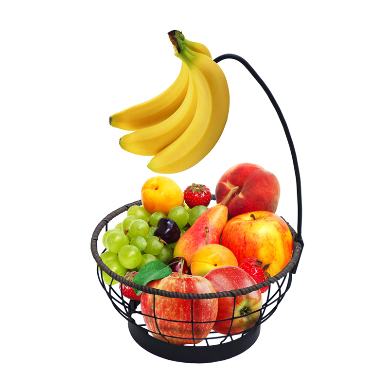 Round Fruit Basket With Banana Hanger Metal & Wicker Woven for Home Living