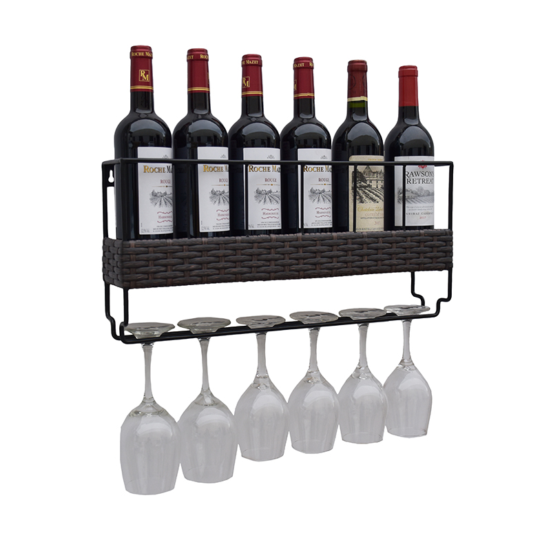 Tall Plant Stand Indoor Wall Mounted 6 Wine Rack with 6 Wine Glass Holder Metal & Wicker Woven – DECOR detail pictures