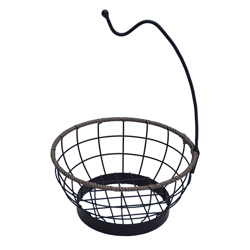 Plant Holder Stand Indoor Round Fruit Basket With Banana Hanger Metal & Wicker Woven for Home Living – DECOR
