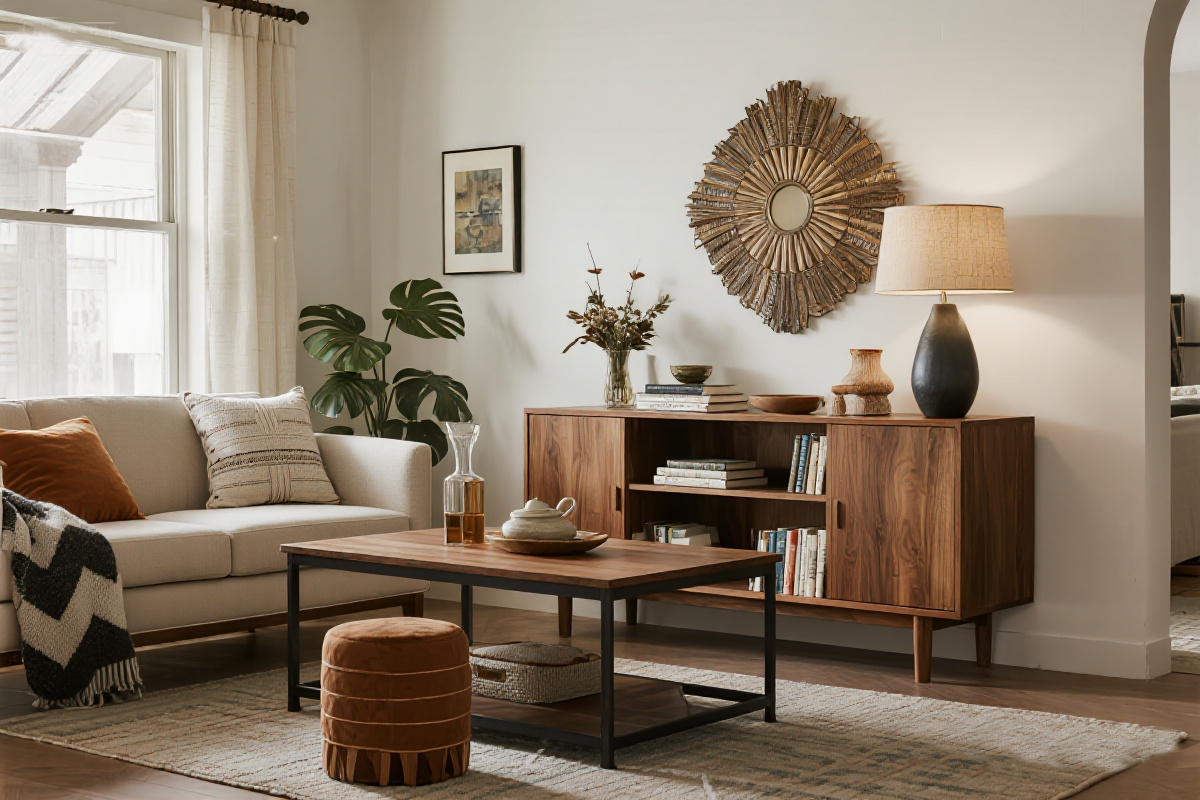 6. Iron-accented sofa and Wall Decoration